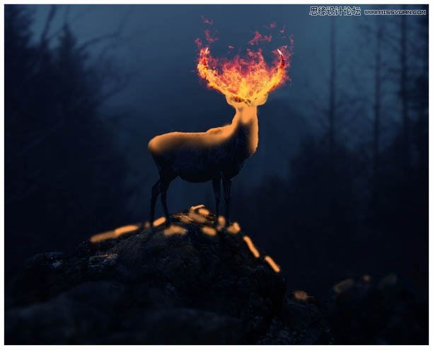 Photoshop合成头顶火焰燃烧效果的森林鹿王,PS教程,图老师教程网