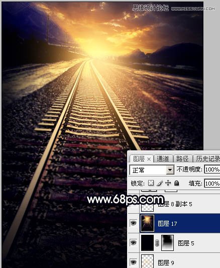 Photoshop给钢轨照片添加唯美的夕阳景色,PS教程,图老师教程网