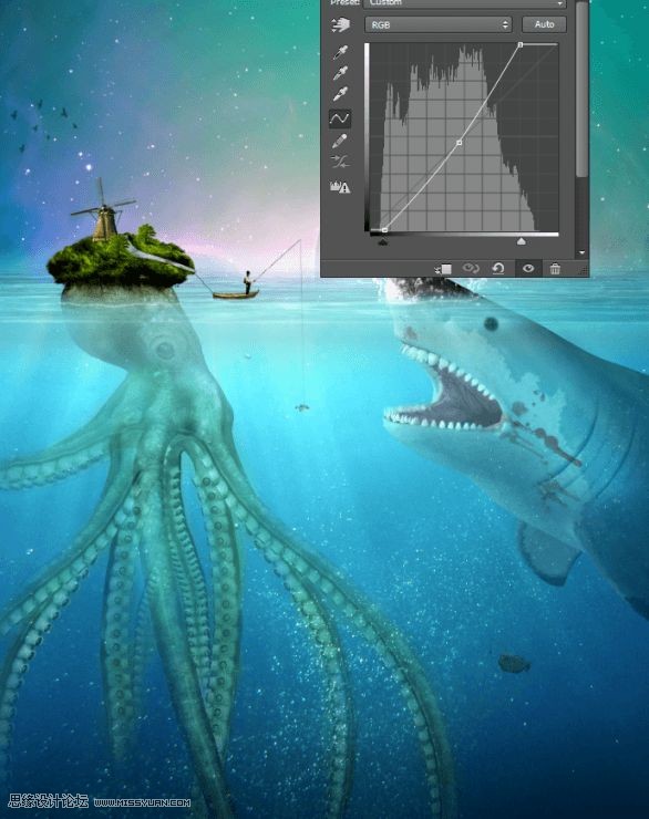 Photoshop合成章鱼岛渔夫出海钓鲨鱼教程,PS教程,图老师教程网