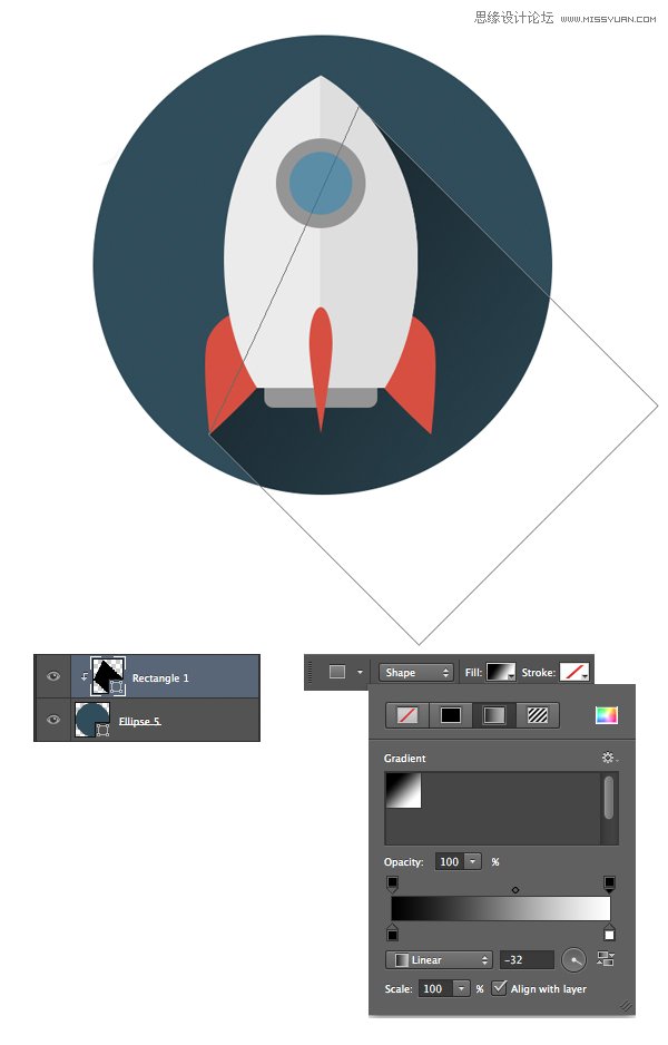 Photoshop设计扁平化风格的火箭图标,PS教程,图老师教程网