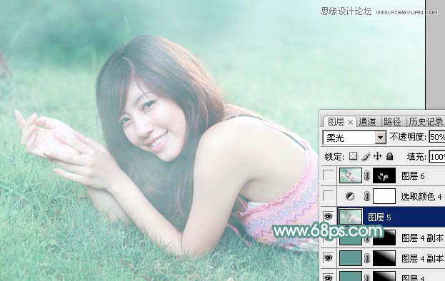 Photoshop调出草地美女优美的淡绿色调,PS教程,图老师教程网