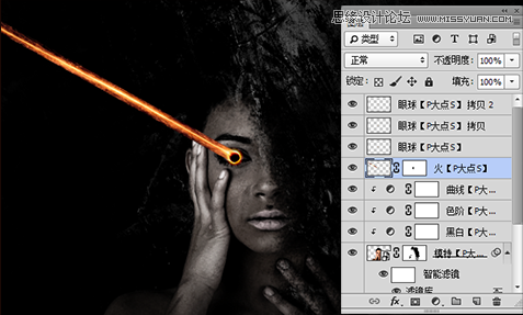 Photoshop合成创意的火焰光线眼球的少女,PS教程,图老师教程网