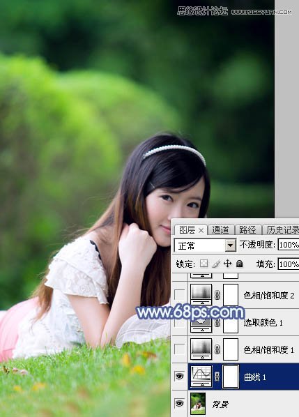 Photoshop调出草地美女梦幻蓝色效果,PS教程,图老师教程网