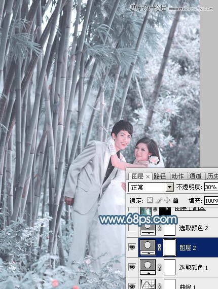 Photoshop调出林中婚纱照片唯美的青色调,PS教程,图老师教程网