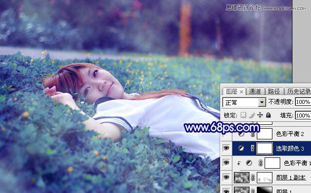 Photoshop调出草地女孩梦幻的蓝色效果,PS教程,图老师教程网
