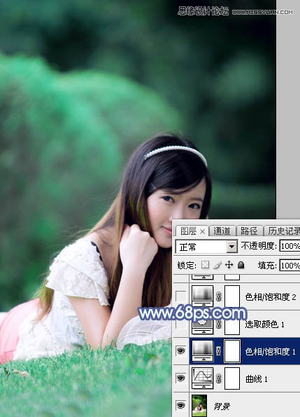 Photoshop调出草地美女梦幻蓝色效果,PS教程,图老师教程网