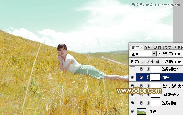 Photoshop调出草坡上的美女清新黄色调,PS教程,图老师教程网