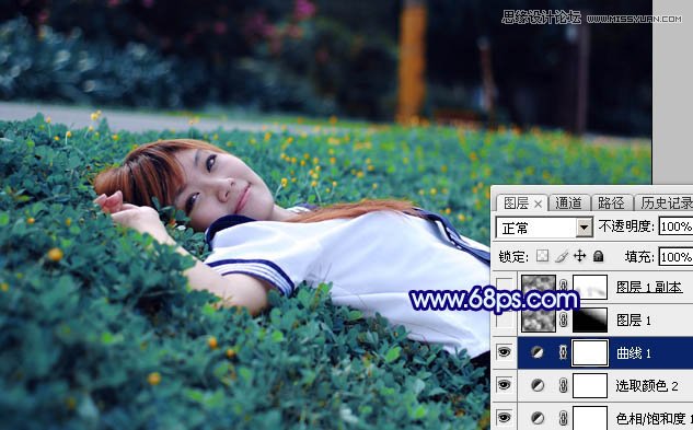 Photoshop调出草地女孩梦幻的蓝色效果,PS教程,图老师教程网