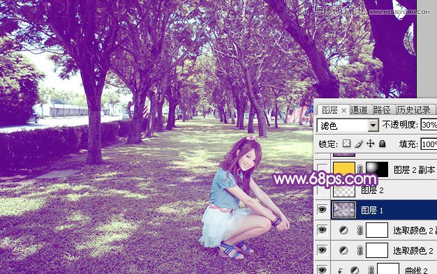 Photoshop调出夏季树下美女绚丽紫色效果,PS教程,图老师教程网