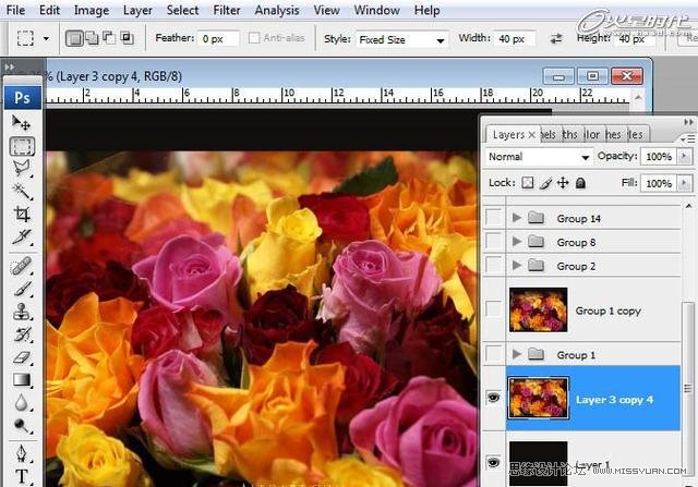 Photoshop制作喷溅效果的玫瑰花朵,PS教程,图老师教程网