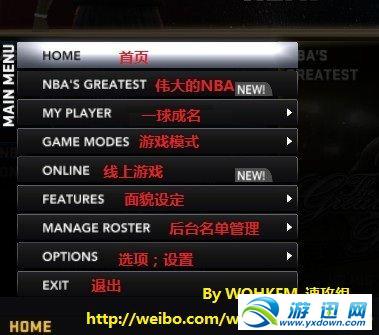 《NBA2K12》主要菜单中文翻译