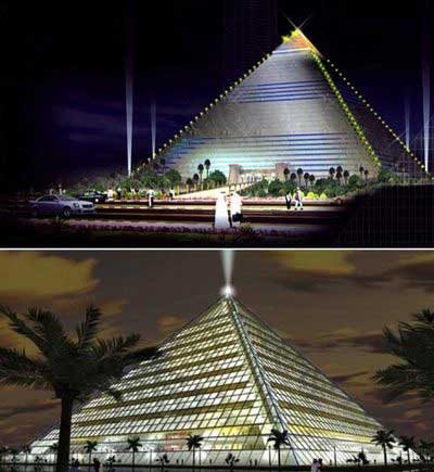 迪拜宏伟金字塔，显然源于埃及金字塔所带来的灵感，又不失现代化的风格。 这个金字塔充分利用空间，并将于两旁两个较小的金字塔房屋作为开发商的办事处和商业空间，使之整体成为一座庞大的主题公园。
