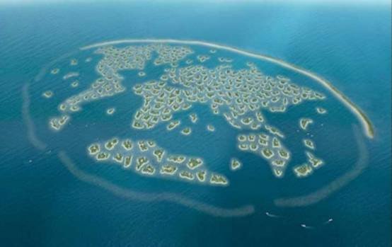 "世界"岛最初的设计方案是建造七大洲，但是迪拜人发现如此大块的岛屿不会有人买得起，因此将七大洲方案改为由300个人工小岛按照世界各大洲形状组成的人工群岛。