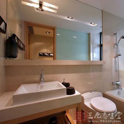 镜子可放在洗手间内，根据风水的原理，镜子五行属金，厕所属水，金生水，能互相照应