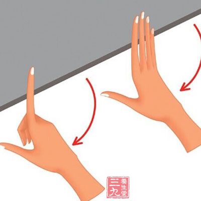 首先是伸出袭击的手掌，四指伸开，然后将伸开的手指抵在办公桌的边上
