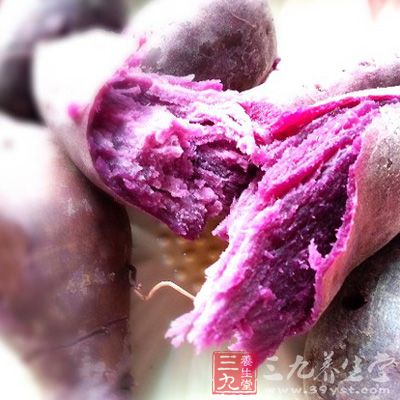 紫薯中含有丰富的纤维素、果胶，可促进肠胃蠕动