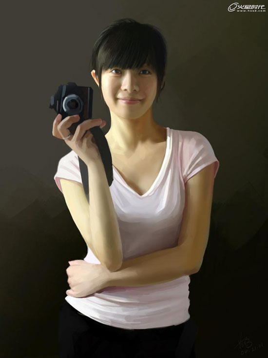 Photoshop鼠绘室内手拿相机的美女   图老师