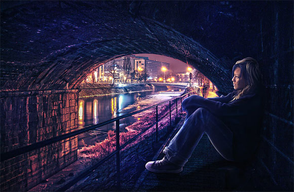 Photoshop中合成非常唯美的女孩与桥夜景图 图老师