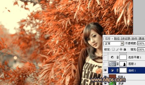 Photoshop调出竹林美女图片甜美的橙红色
