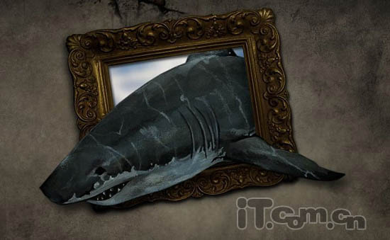 PS合成3D画:从相框当中冲出的鲨鱼照片