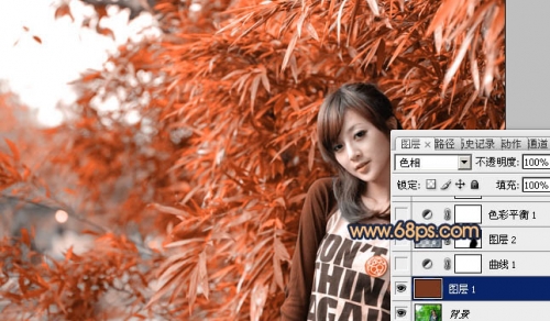Photoshop调出竹林美女图片甜美的橙红色