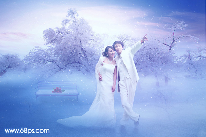 Photoshop合成冬季唯美雪景浪漫婚片 图老师