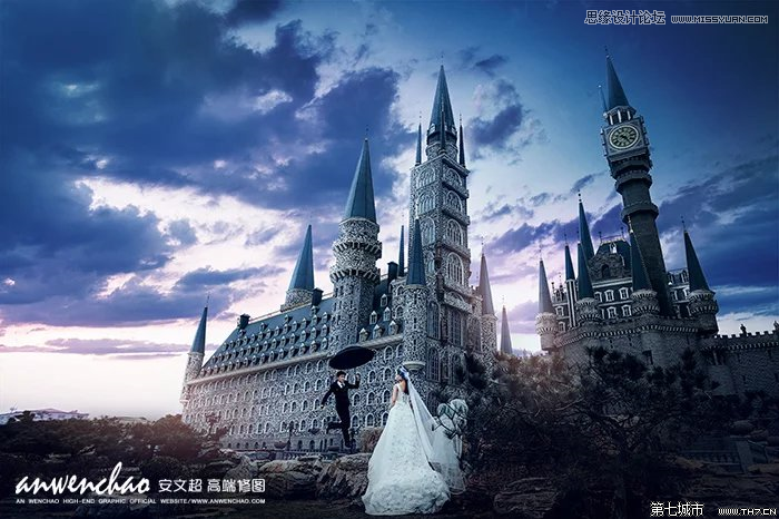 Photoshop给城堡婚纱照片添加梦幻夜景星空背景,PS教程,th7.cn