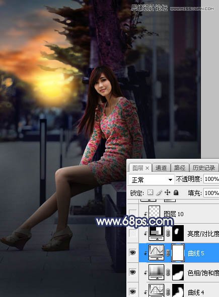 Photoshop给板凳美女人像添加夕阳美景效果,PS教程,素材中国网