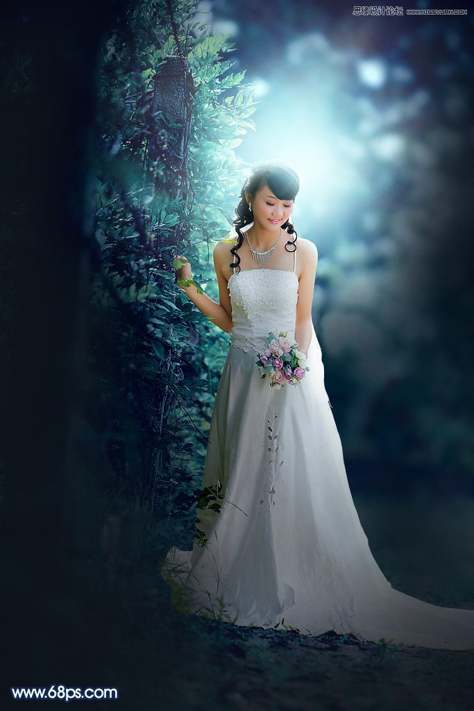 Photoshop外景婚纱照片添加蓝色梦幻散景   图老师