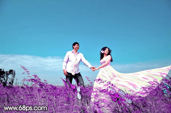 Photosho将草地婚片打造出漂亮的青紫色效果