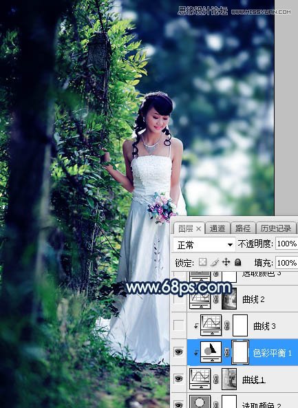 Photoshop外景婚纱照片添加蓝色梦幻散景效果,PS教程,素材中国网