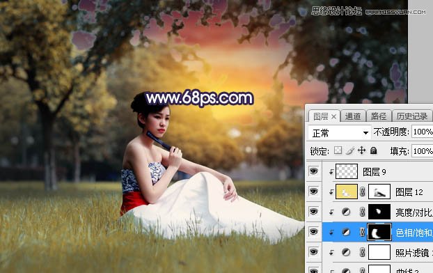 Photoshop给草地美女添加唯美夕阳景色,PS教程,素材中国网