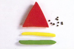 步骤1:搓红色三角形、黄色、绿色粗条，黑色小圆点
