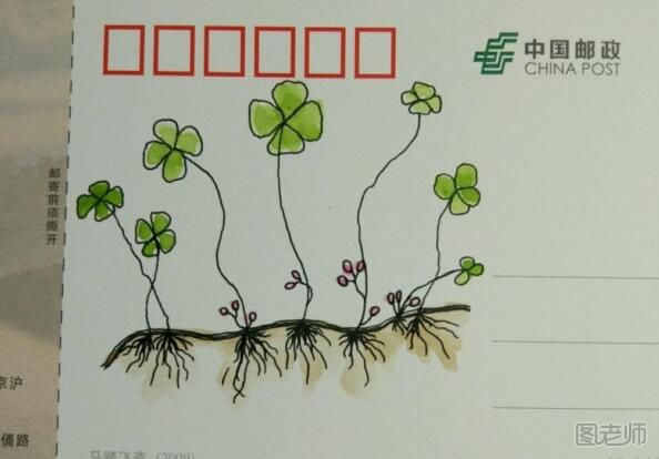漂亮的原创DIY手绘明信片—美丽的四叶草绘制图解