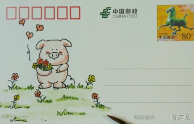 超萌的小猪手绘明信片制作方法