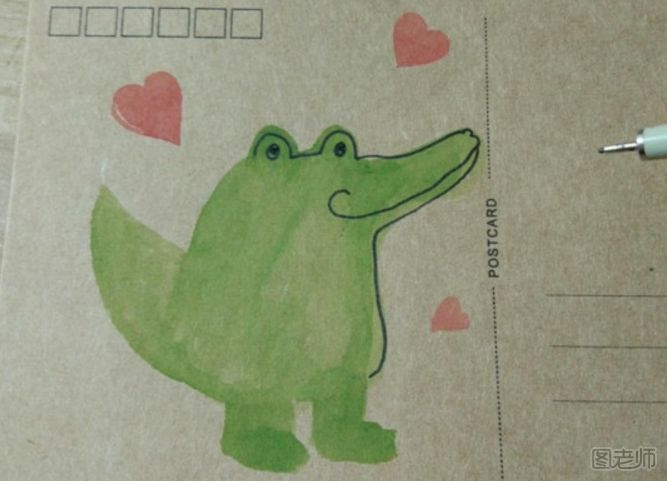 DIY明信片：可爱的小鳄鱼手绘明信片