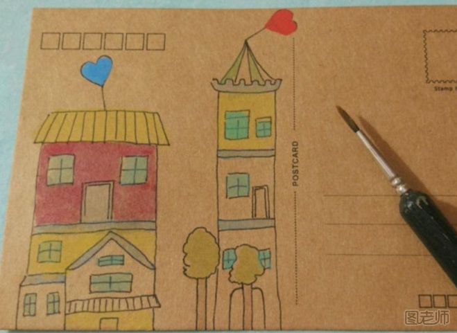 DIY明信片：漂亮的房子手绘明信片