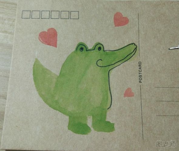 DIY手绘可爱鳄鱼明信片教程