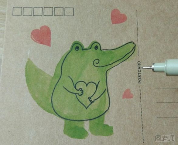 DIY手绘可爱鳄鱼明信片教程
