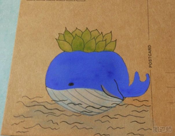 DIY手绘鲸鱼明信片教程