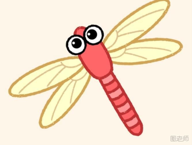 首先我们要画出小蜻蜓的眼睛，先画两个紧紧挨着的圆圈再在里面点上两个小点就可以了  然后画蜻蜓的头部，蜻蜓的头就是一个椭圆就可以了  然后我们画出蜻蜓的腹部，也是一个扁扁的椭圆形然后画上一些横条纹就可以了  画出蜻蜓的翅膀 ，参照图片  在画出另外一边的翅膀  最后我们让翅膀变得更加生动形象吧，画上一些脉络，就画好了，是不是很可爱很简单呢?